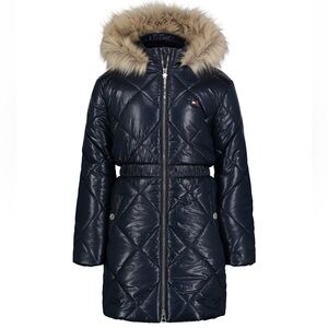 New Tommy Hilfiger Diamond Quilt Long Puffer Jacket Little Girl Size Large 12/14